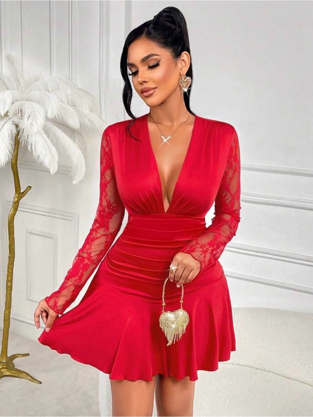 Red Deep V Lace-Sleeve Fit & Flare Dress